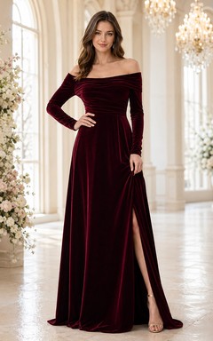 Burgundy Velvet Long Sleeve Winter Wedding Gown