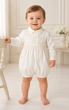 White Embroidered Bib Long Sleeve Peter Collar Blessing Romper for Baby Boy