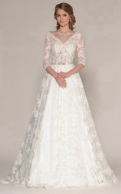 Vestido de novia largo de encaje con escote en V, mangas tres cuartos y apliques, corte en A