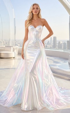 Vestido de novia moderno de sirena con escote corazón y lentejuelas plateadas hasta el suelo