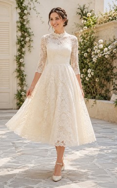 Modest Vintage Three-Quarter Lace Sleeve High Neck Tea-Length A-Line Simple Wedding Dress