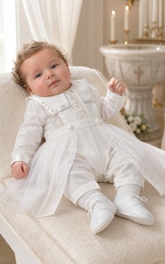 Luxuriöser weißer Jumpsuit mit langen Ärmeln und Spitzenbesatz für Babys, ideal für Kirche und Taufe