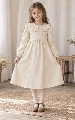 Cremefarbenes Cord-Blumenmädchenkleid mit Rüschenkragen und langen Ärmeln