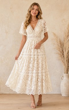 Bohemian Ivory Tea-Length V-Neck Tiered Crochet Lace Guest Dress Rustic