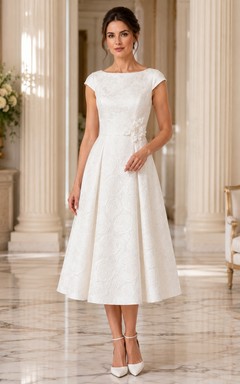 Robe blanche en satin à manches bateau et coupe trapèze, longueur thé