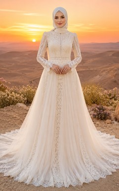 Boho Muslim Long Sleeve Lace High Neck Desert Wedding Dress