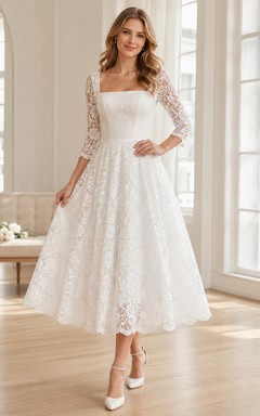 Teelanges, eckiges Ausschnitt, lange Ärmel, Spitze, A-Linie, romantisches Kleid