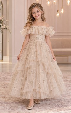 Champagne Celestial Off-the-shoulder Tiered Ruffle Tulle Flower Girl Dress