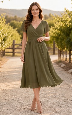 Robe de demoiselle d'honneur olive en mousseline de soie, col en V, manches courtes, longueur thé