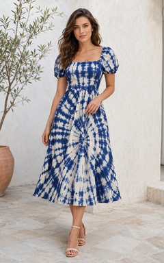 Blue Shibori Square Neck Puff Sleeve Midi Dress