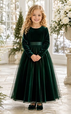 Blumenmädchenkleid, dunkelgrüner Samttüll, A-Linie, lange Ärmel, Rundhalsausschnitt, Teelänge, Schärpendetails