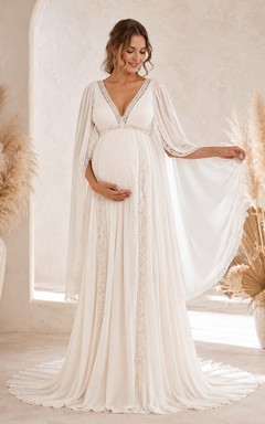 Robe de mariée bohème à col en V et manches longues cape pour femme enceinte
