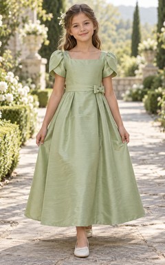 Square Neck Celadon Tulip Sleeve Bow Shantung A-line Flower Girl Dress