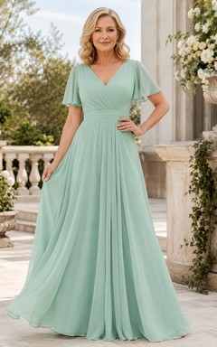 Mintgrünes Chiffon-Kleid in A-Linie mit V-Ausschnitt für Mütter