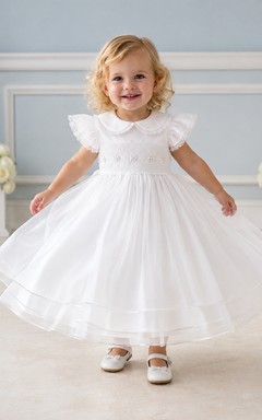 Adorable Jewel Neck Puff Sleeve Tulle A-Line Flowergirl Party Dress
