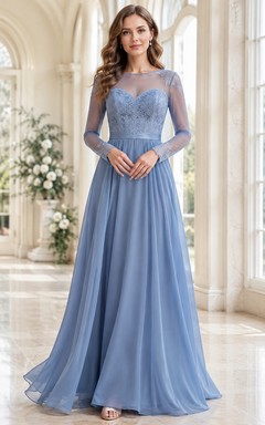 Vestido de maternidad de gasa de encaje de manga larga, corte en A, color azul acero, modesto, con efecto ilusión y mangas largas.