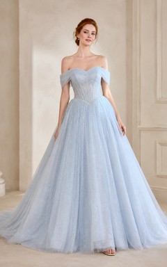 Himmelblaues schulterfreies Glitzer-Tüll-Ballkleid Hochzeitskleid