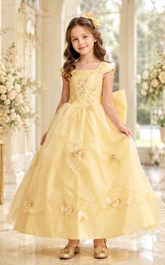 Adorable Daffodil Cap Sleeve Floral Tulle Ball Gown Ankle-Length Flowergirl Dress