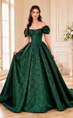 Vestido de gala de tafetán verde oscuro con hombros descubiertos y mangas abullonadas