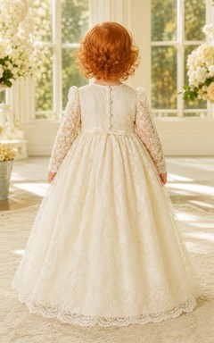 Baptism Dress A-Line Lace Tulle Jewel Neck Long Sleeve Modest Skirt