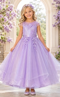 Flower Girl Dress A-Line Lavender Floral Tulle Cap Sleeve Formal Garden