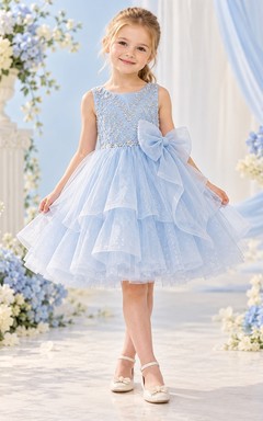 Sky Blue Beaded Bow Waist Tiered Knee-length Flower Girl Dress