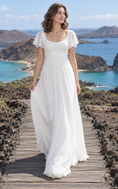 Vestido de novia de georgette con escote redondo, mangas con volantes, cintura fruncida y cola en línea A.
