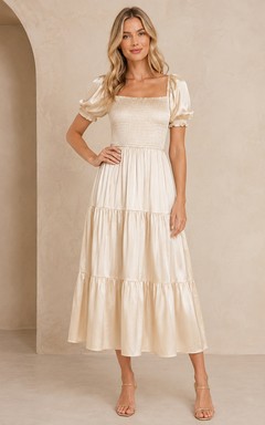 Cream Square-Neck Puff-Sleeve Smocked Satin Tiered Casual Garden Midi Dress
