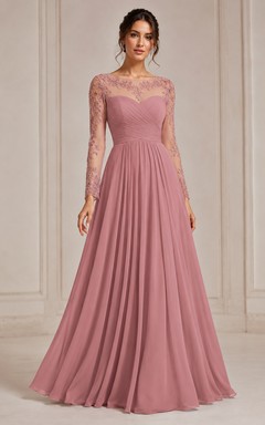 Dusty Rose Chiffon Evening Gown with Illusion Long Lace Sleeves A-Line Skirt