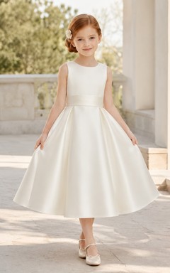Vestido de niña de flores minimalista de satén blanco de lujo con pliegues, corte en A, sin mangas, cuello joya y falda hasta la rodilla.
