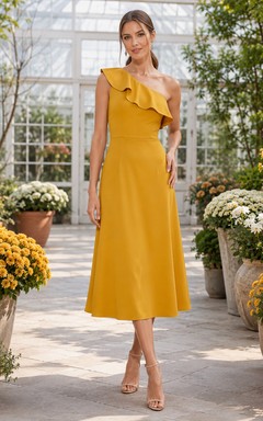 Gold One Shoulder Ruffle Satin A Line Midi Guest Dress