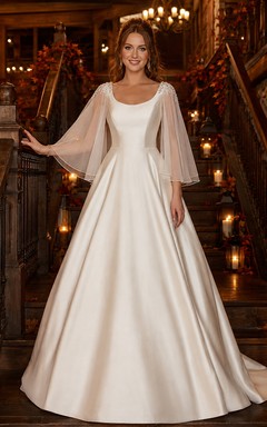 Fall Lodge Bateau Cape Sleeve Satin Ball Gown Dress