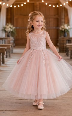A-Line Flowergirl Blushing Pink Lace Tulle Floor-Length Sleeveless Floral Applique Rustic Barn Wedding Dress
