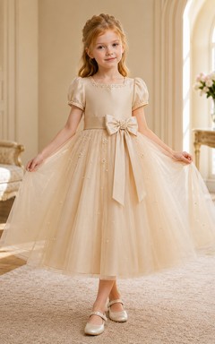 Klassisches A-Linien-Kleid aus Tüll für Blumenmädchen mit Rundhalsausschnitt, wadenlangem Rock und Schleifendetail
