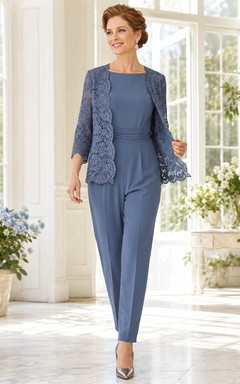 Stahlblauer Jumpsuit „Mother“ mit Jacke aus Spitze am Rundhalsausschnitt und knöchellanger Hose