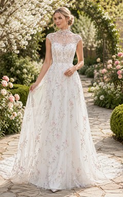 Hochgeschlossenes, blumenbesticktes Tüll-Hochzeitskleid für den Garten