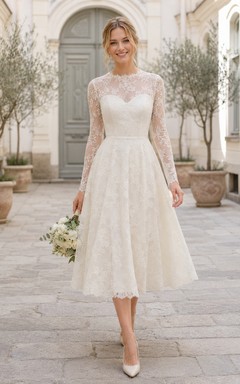 Romantic Civil Lace A Line Bateau Long Illusion Sleeve Tea Length Wedding Dress