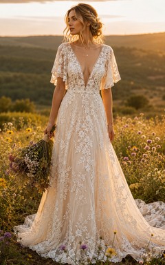 Robe de mariée bohème en dentelle, coupe trapèze, col en V, manches courtes et appliques en dentelle, longueur au sol