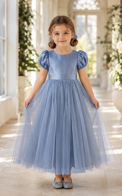 Blumenmädchenkleid, stahlblau, Tüll, A-Linie, Puffärmel, Rundhalsausschnitt, Teelänge
