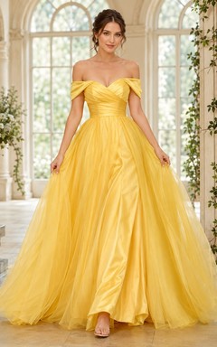 Yellow Tulle Ball Gown Off-Shoulder Short Sleeve Floor-Length Prom Dress