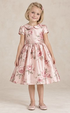 Vintage Tea-length Blush Floral Collared Short Sleeve Satin Flower Girl Dress