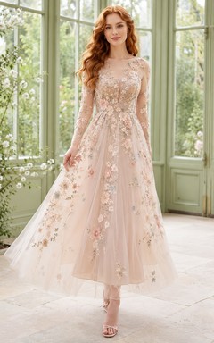 Blushing Pink Long Illusion Sleeve Floral Applique Tulle A-Line Tea-Length Wedding Dress