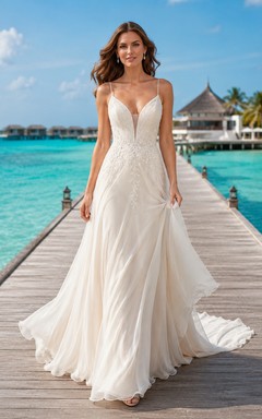 Robe de mariée de style resort en mousseline de soie, décolleté plongeant en V, coupe trapèze, traîne, dentelle