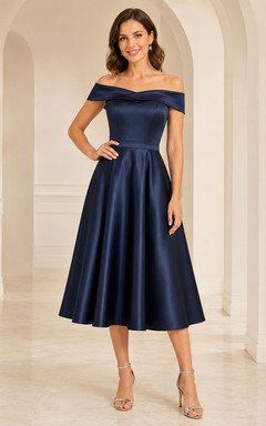 Dark Navy Satin Off-the-shoulder Short Sleeve A-Line Tea-Length Elegant Dress