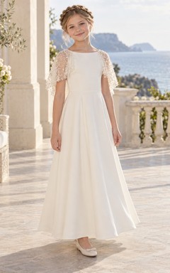 Modest Ivory Dense Pearl Cape Ankle-length Crepe Flower Girl Dress