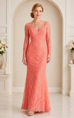 Coral Lace V-neck Sheath Long Sleeve Floor-length Romantic Formal Gown