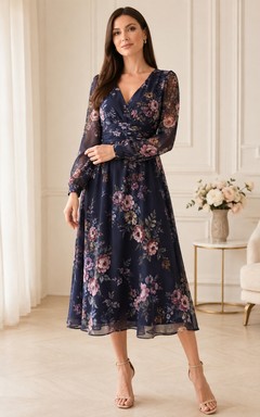 Dunkelblaues Chiffonkleid mit Blumenmuster, V-Ausschnitt, langen Ärmeln und Teelänge