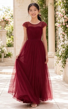 Robe de demoiselle d'honneur junior bordeaux, coupe trapèze, manches courtes échancrées, froncée, style romantique