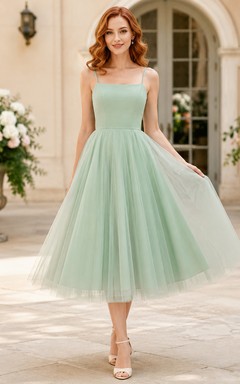 Mint Green Square Neck Tulle Tea Length A Line Cocktail Dress