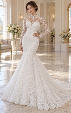 Mermaid High Neck Long Sleeve Illusion Lace Bridal Wedding Dress